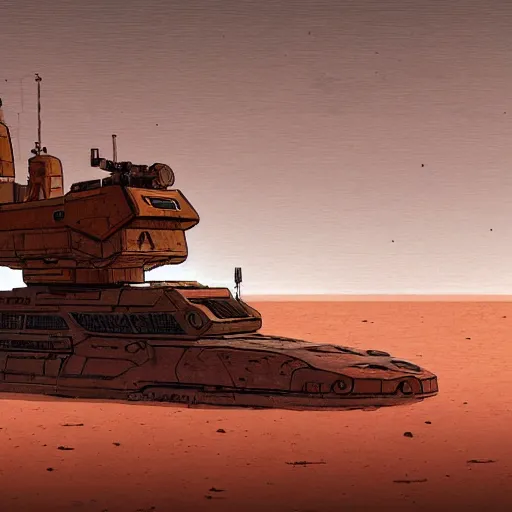 Image similar to sci-fi barge floating over a desert landscape in the style of Ian McQue