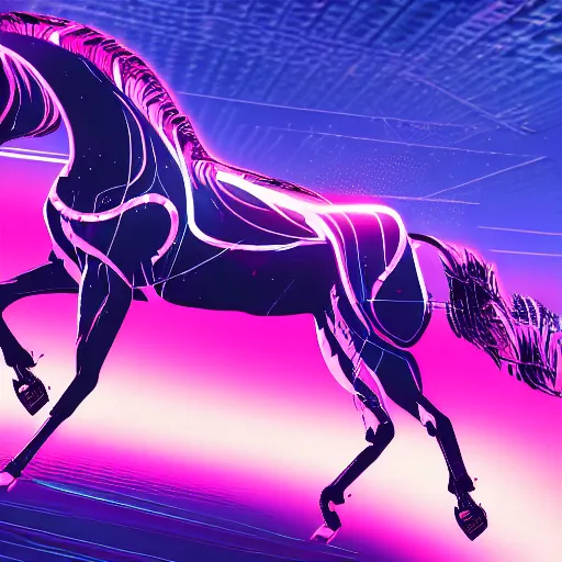 Prompt: A synthwave horse inspired by Tron. Trending on Artstation. Digital screenshot. Faded film grain. 1980s Computer Graphics.