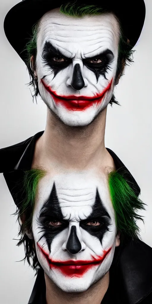 Prompt: a male model wearing a black leather hat in joker makeup, frontal view, cool looking, 1 6 : 9