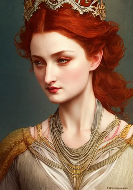 Image similar to sansa fire queen, intricate, elegant, highly detailed, digital painting, artstation, concept art, smooth, sharp focus, illustration, art by artgerm and greg rutkowski and alphonse mucha and willia m - adolphe bouguereau