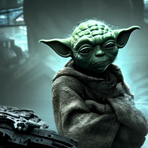 Image similar to Yoda in gears of war, splash art, movie still, detailed face, cinematic lighting, dramatic, octane render, long lens, shallow depth of field, bokeh, anamorphic lens flare, 8k, hyper detailed, 35mm film grain