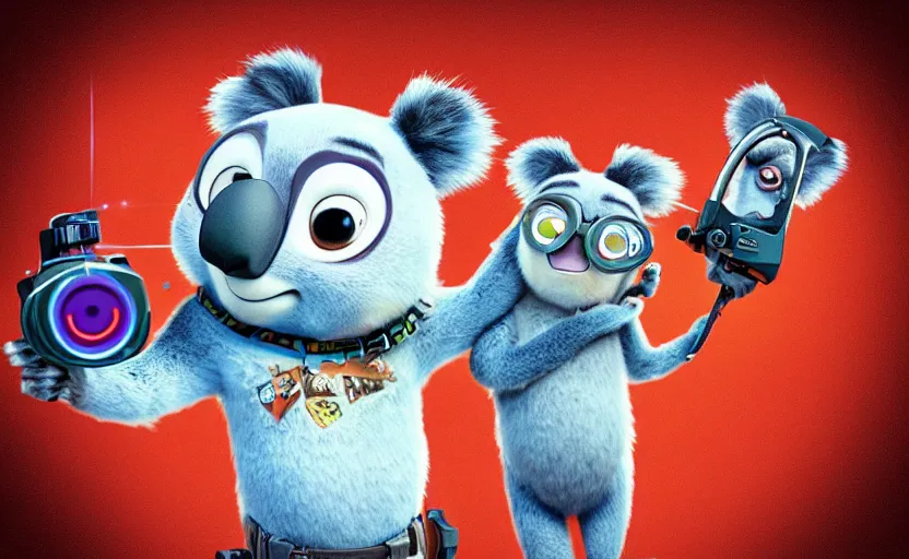 Image similar to “ one cute koala with very big eyes, wearing a bandana and chain, holding a laser gun, standing on a desk, digital art, award winning, in the style of the movie zootopia ”