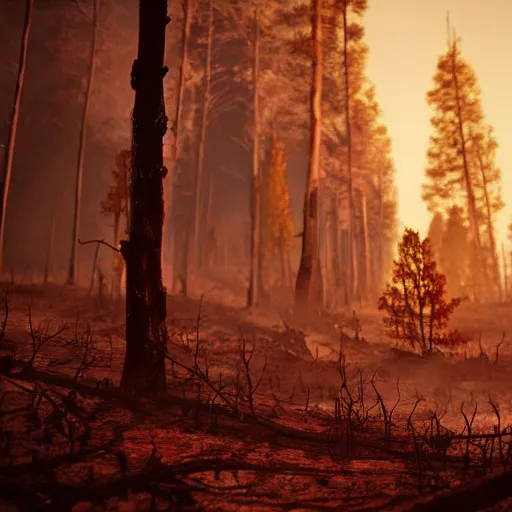 Image similar to a burned lifeless forest, with burned trees, concept art, cinematic, Christian Alzmann on ArtStation, CGSociety, Unreal Engine