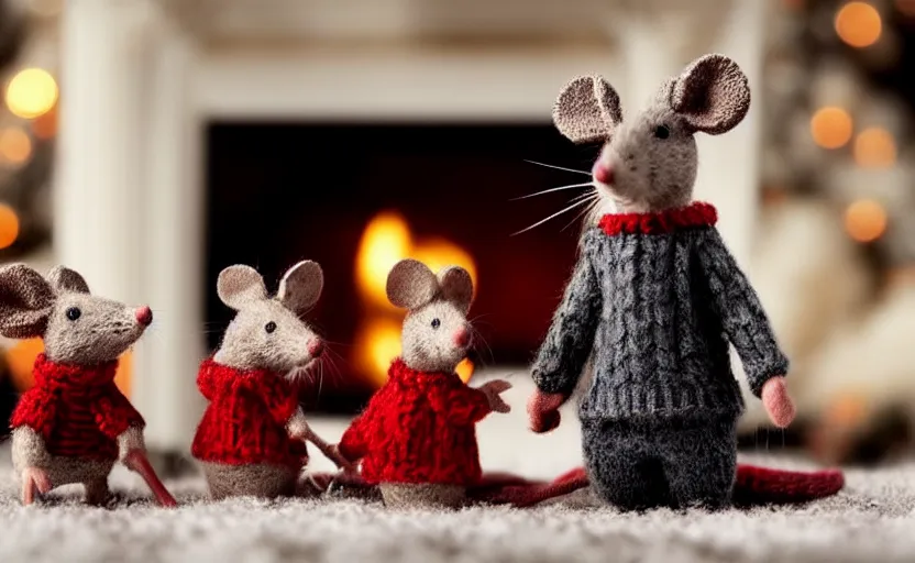 Image similar to close - up of a mouse family sitting in front of a cozy christmas fireplace wearing woolen sweater, cinematic lighting, dark atmosphere