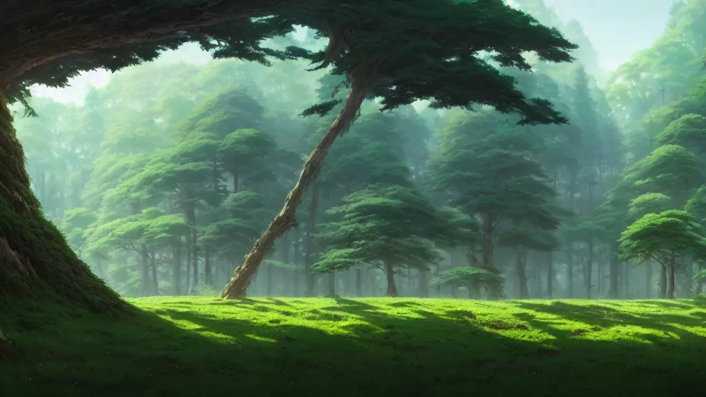 Image similar to forest clearing landscape, studio ghibli, pixar and disney animation, sharp, rendered in unreal engine 5, highly detailed, digital painting, artstation, concept art, smooth, sharp focus, illustration, wide angle, artbook, wallpaper, splash art, promo art, dramatic lighting, art by artgerm and greg rutkowski and bo chen and jin xiaodi