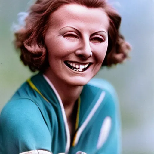 Image similar to a 1 9 2 8 color portrait. calm, happy, healthy, smiling, sporty, young, glowing greta garbo in athletic wear with big smile and healthy teeth. realistic, high quality.