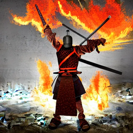 Prompt: A veteran samurai warrior holding flaming swords standing on a destroyed fort by Aaron Miller