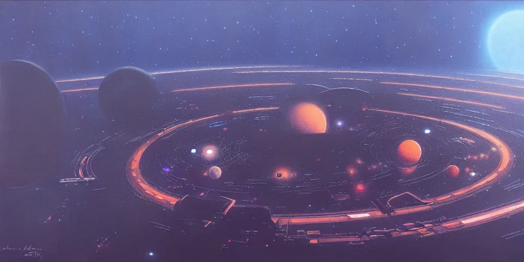 Image similar to a painting of low earth orbit space city by john harris. 8 k, ultra clear detailed.