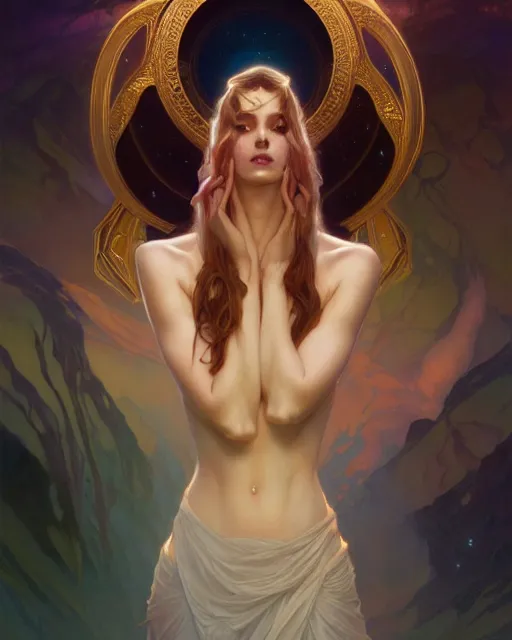 Prompt: painting of stunning otherworldly goddess of beauty rising from the void, highly detailed, digital painting, artstation, concept art, smooth, sharp focus, illustration, art by artgerm and greg rutkowski and alphonse mucha, 8 k