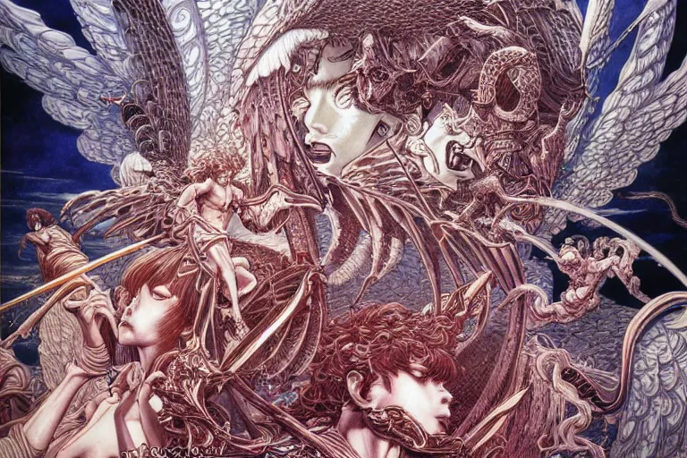 Image similar to hyper detailed illustration of angels battling demons, intricate linework, in the stlye of moebius, ayami kojima, 90's anime, retro fantasy