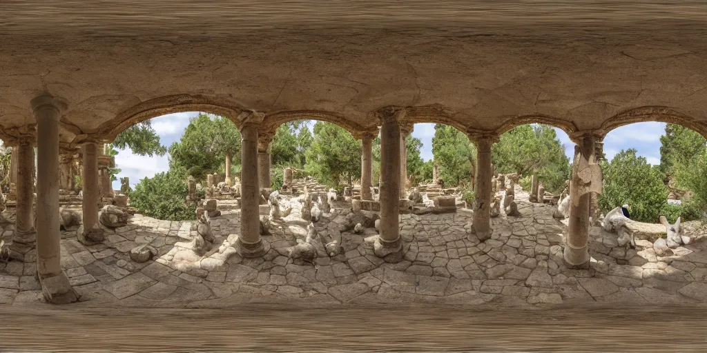 Image similar to Seamless Equirectangular projection of a 360 view inside a byzantine temple with rabbits roaming