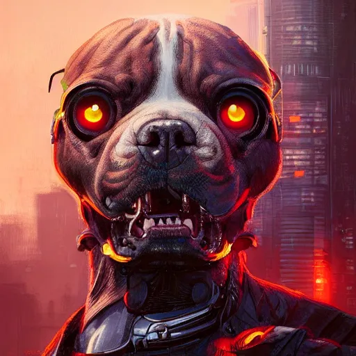Image similar to an amazing portrait of a cute mad cyborg pitbull. intricate, epic lighting, cinematic composition, hyper realistic, 8 k resolution, unreal engine 5, by artgerm, tooth wu, dan mumford, beeple, wlop, rossdraws, james jean, marc simonetti, artstation