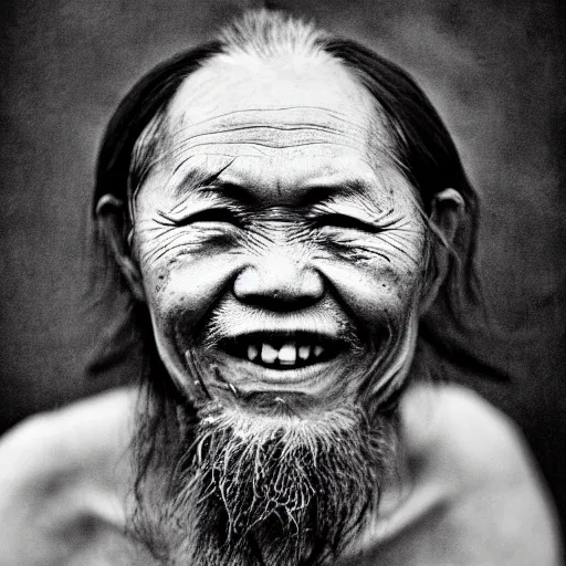 Image similar to black and white old photo of a hippie Chinese man, portrait, high detail, earrings, tattoos