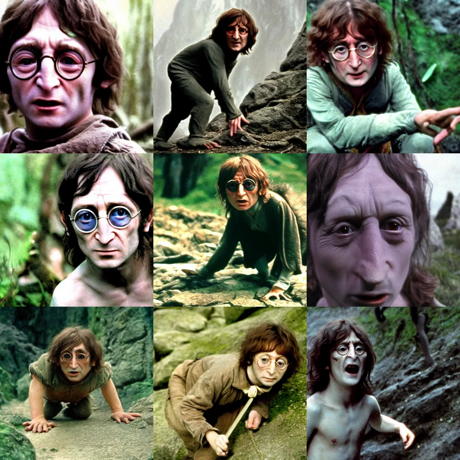 Prompt: A full color still of young John Lennon in Gollum makeup and costume, on all fours, in The Lord of the Rings directed by Stanley Kubrick,