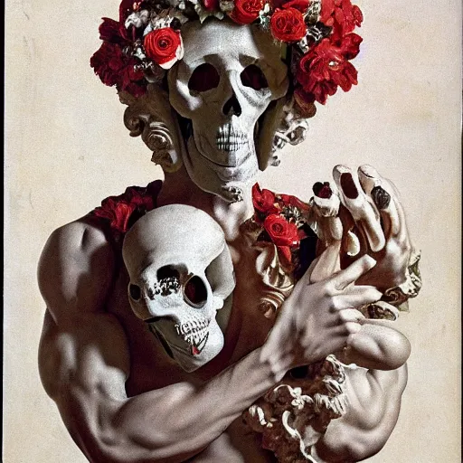 Image similar to a man in the form of a Greek sculpture with a mask in the form of a skull and wreath of flowers skulls in hands dressed in a biomechanical dress, red white and gold color scheme, baroque, by Michelangelo