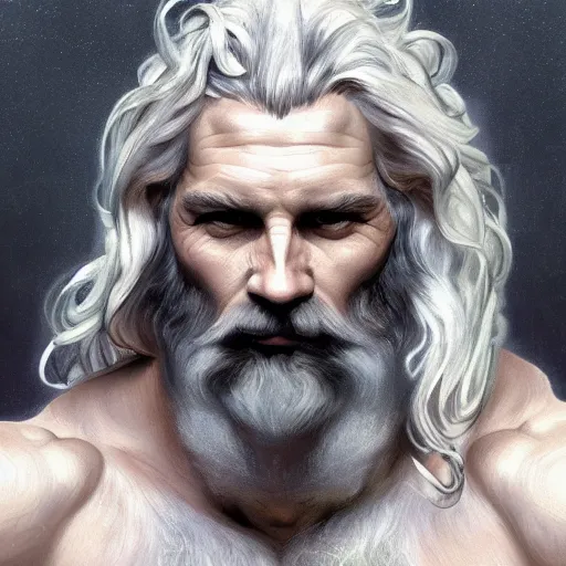 Image similar to painted portrait of rugged zeus, greek god, 4 0 years old, handsome, white hair, soft hair, upper body, muscular, hairy torso, fantasy, intricate, elegant, highly detailed, digital painting, artstation, concept art, smooth, sharp focus, illustration, art by alphonse mucha