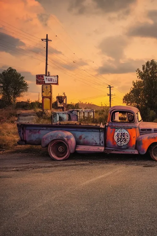 Image similar to a sunset light landscape with historical route 6 6, lots of sparkling details and sun ray ’ s, blinding backlight, smoke, volumetric lighting, colorful, octane, 3 5 mm, abandoned gas station, old rusty pickup - truck, beautiful epic colored reflections, very colorful heavenly, softlight