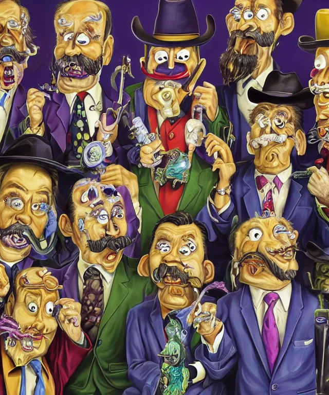 Prompt: corporate portrait of cassanova frankenstein marionette hobo grape salesman elvis presley johnny cash cowboy snakeoil salesman with big smile gleaming eyes and very persuasive facial features wearing oversized cowboy hat with curly moustache and anthropomorphic purple snakeskin business suit selling locomotive petroleum snake oil eggs bottled in faberge briefcases on wheels, hyperreal portrait art by carl barks and tex avery