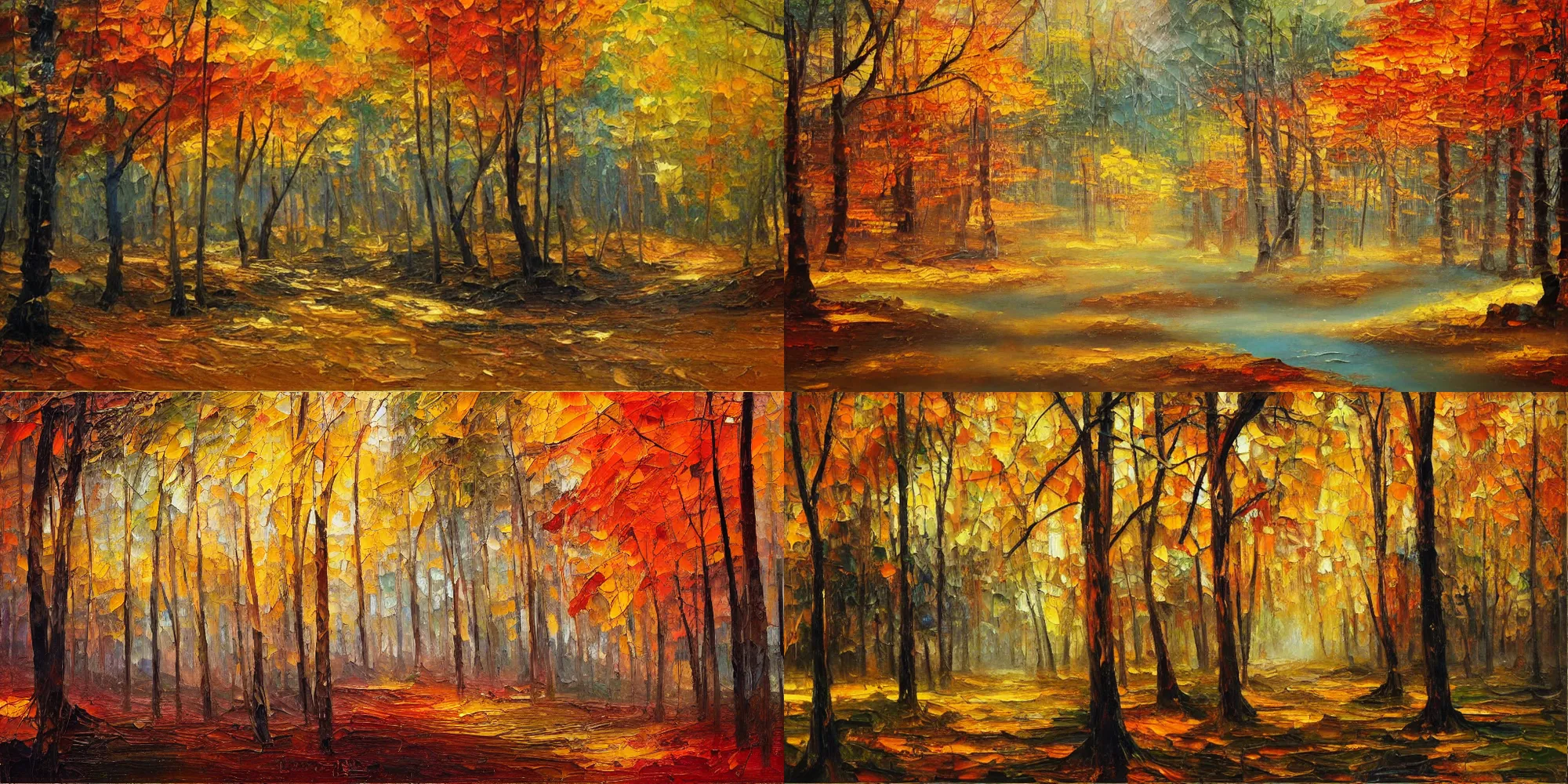 Prompt: the abstract forest in autumn, warm lighting, oil painting, by Zhao Wuji