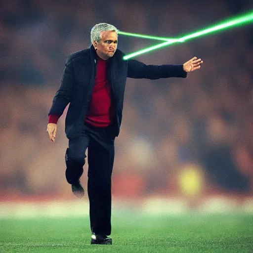 Prompt: jose mourinho flying in the sky throwing lasers from his eyes, award winning photograph