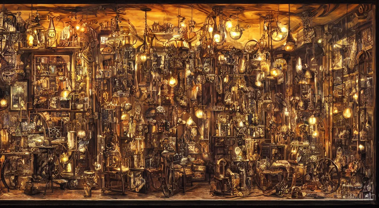 Prompt: steampunk shop window by guido borelli da caluso, darkness, neon lights, photo realistic, completely filled with interesting oddities, things hanging from ceiling, light bulbs