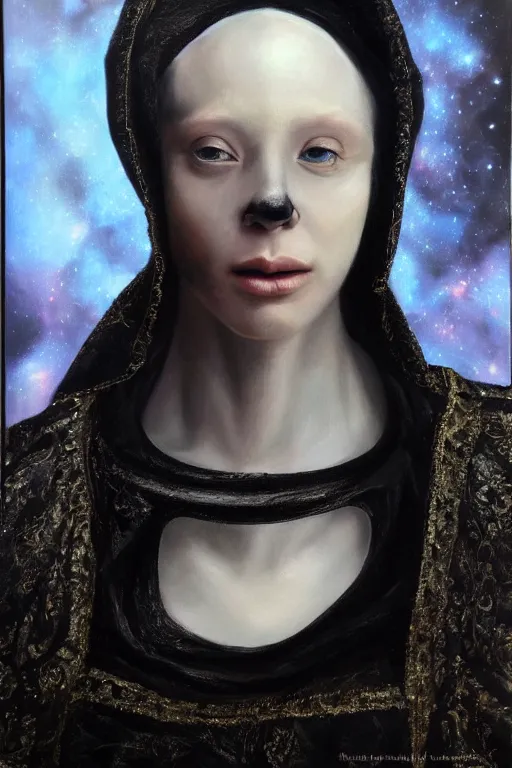 Image similar to hyperrealism oil painting, close - up portrait of albino medieval fashion model, black silk, steel gradient mixed with nebula sky, in style of baroque