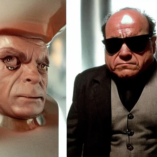 Prompt: Danny Devito as the T1000 terminator movie still, extremely realistic