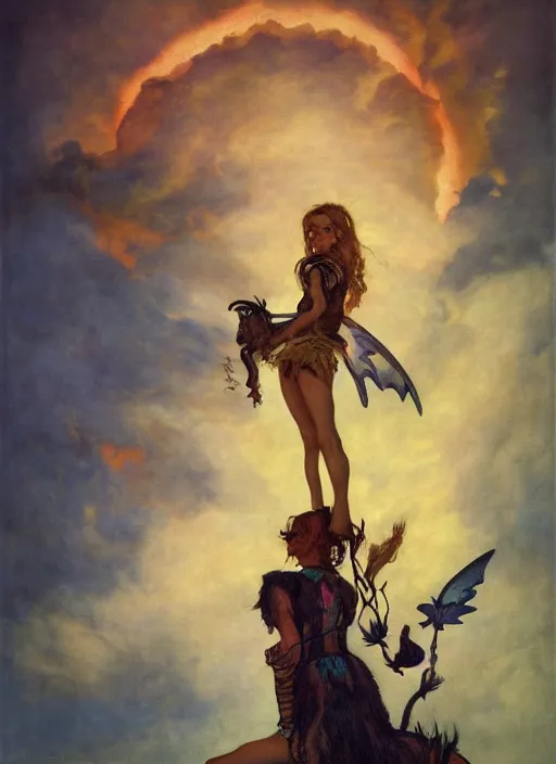 Image similar to symmetry! half length portrait of a biblical diabolical fairy witch girl burning riding a cute goat, fire, clouds, sunset, studio light, by mikhail vrubel, by peter elson, muted colors, extreme detail, trending on artstation, 8 k