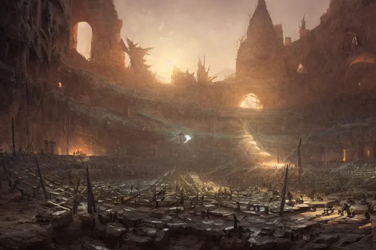 Image similar to a pile of swords in the middle of a gladiator arena, d & d, heartstone, digital painting, volumetric light, intricate, sharp, focus, bloom, illustration, highly detailed, concept art, matte, ruan jia, randy vargas, greg rutkowski