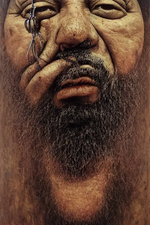 Image similar to ascii, hyperrealism oil painting, close - up portrait of a scary ai weiwei with ten eyes and mandibles, in style of baroque zdzislaw beksinski
