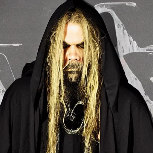 Image similar to rob zombie wearing a dark hooded cloak