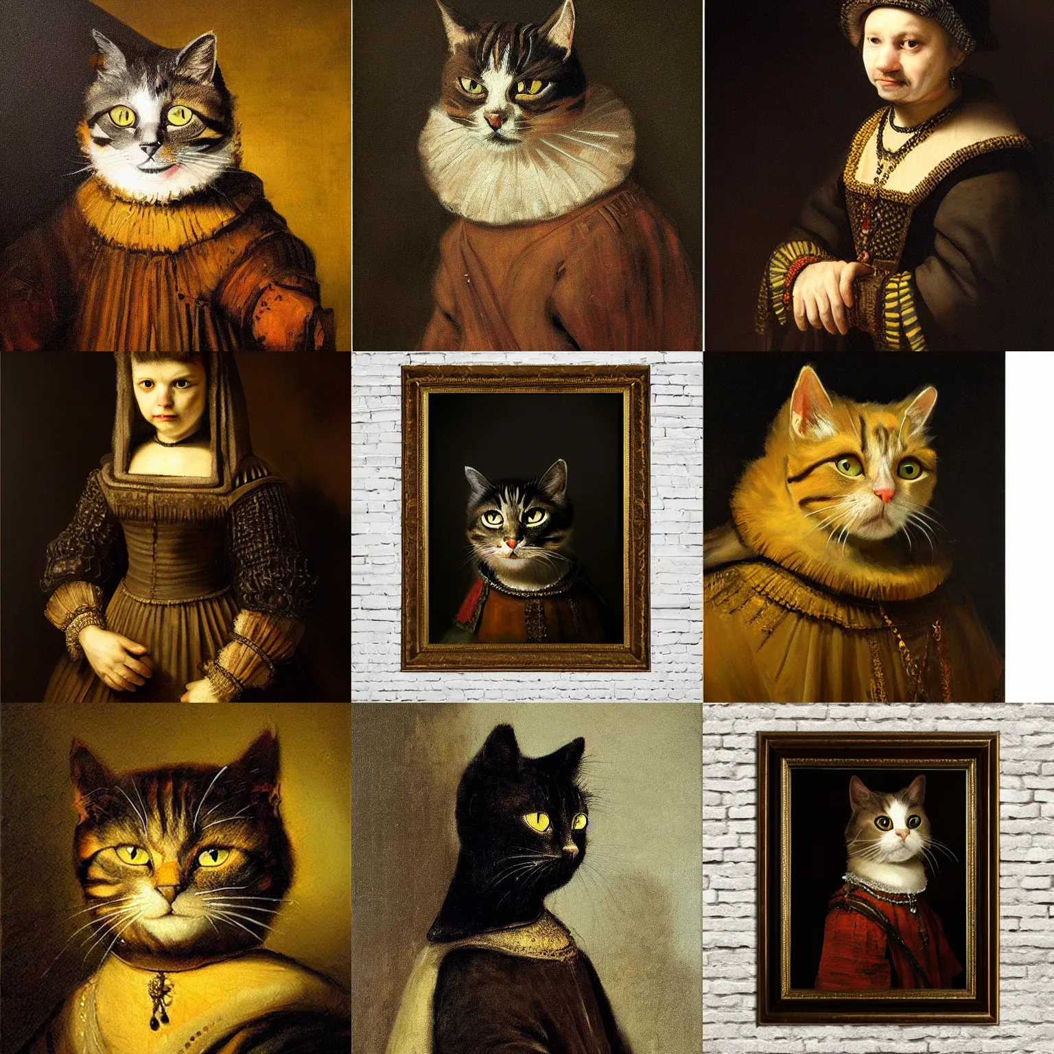 Prompt: high quality oil painting portrait of cat wearing medieval dress in dark background by Rembrandt, in the style of realism