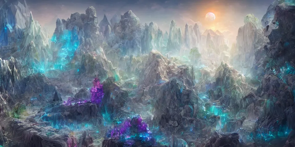 Image similar to Quartz crystal landscape, city of crystals inhabited by light beings, fantasy landscape concept, detailed matte painting