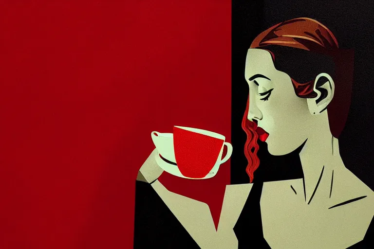 Prompt: editorial illustration by Karolis Strautniekas and Mads Berg, Lynn Curlee Art, portrait of a sad young woman drinking tea, colorful, fine texture,detailed,film noir, dramatic lighting, dynamic composition, vivid, matte print, moody,perspective angle looking up