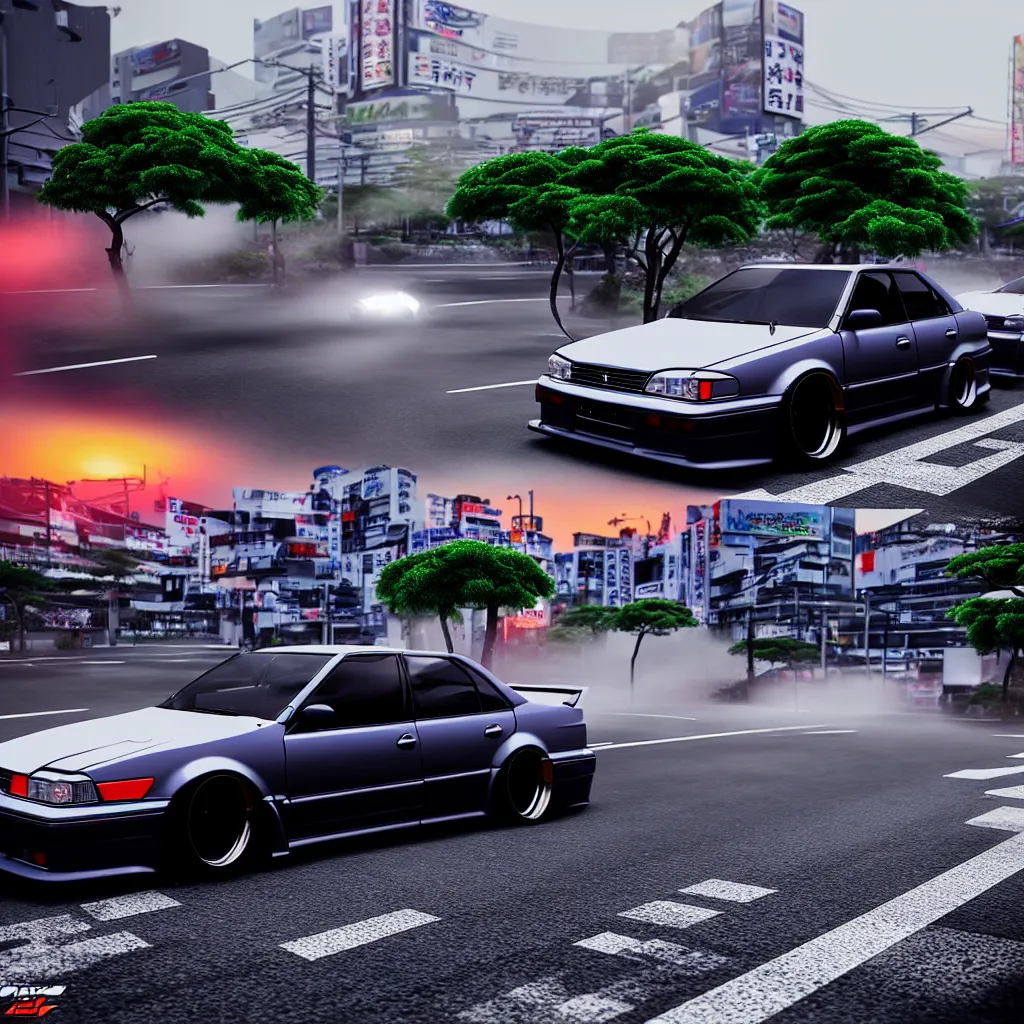 Prompt: massive-scale car JZX100 twin turbo drift in the road, Tokyo prefecture, Japanese architecture, city sunset mist lights, cinematic lighting, photorealistic, detailed alloy wheels, highly detailed