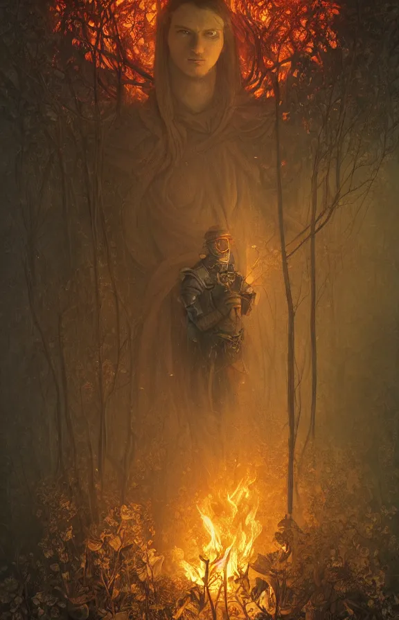 Image similar to portrait of a knight among flowers in dark forest, surrounded by fire and smoke, moody, rim light, dynamic lighting, cinematic shot, gritty, ultra - detail, renderman, physically based render, jean delville, gustave dore and marco mazzoni