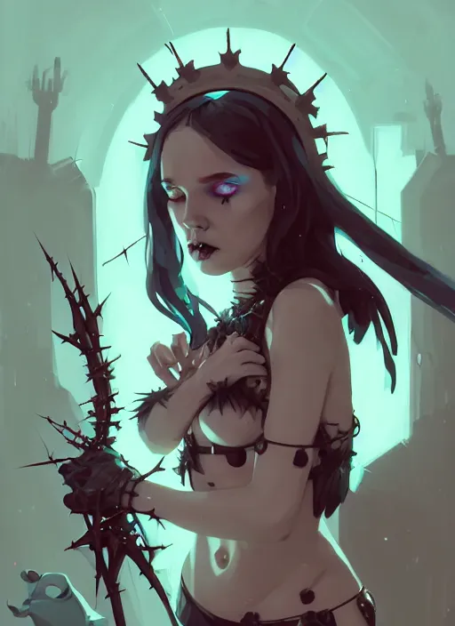 Image similar to portrait of cute goth maiden girl with crown of thorns in cyber bikini armor, warhammer, cyberpunk, by atey ghailan, by greg rutkowski, by greg tocchini, by james gilleard, by joe fenton, by kaethe butcher, dynamic lighting, gradient light blue, brown, blonde cream and white color in scheme, grunge aesthetic