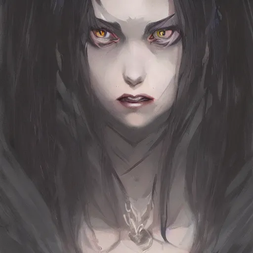 Image similar to female human vampire witch in the style of greg rutkowski, makoto shinkai, trending on artstation, character design, concept art, pretty face, highly detailed, long black hair, portrait, digital art