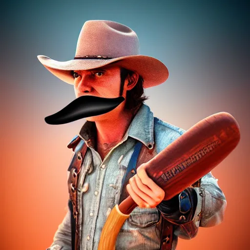 Image similar to Photorealistic cowboy with a bat as a moustache. Hyperdetailed photorealism, 108 megapixels, amazing depth, glowing rich colors, powerful imagery, psychedelic Overtones, 3D finalrender, 3d shading, cinematic lighting, artstation concept art