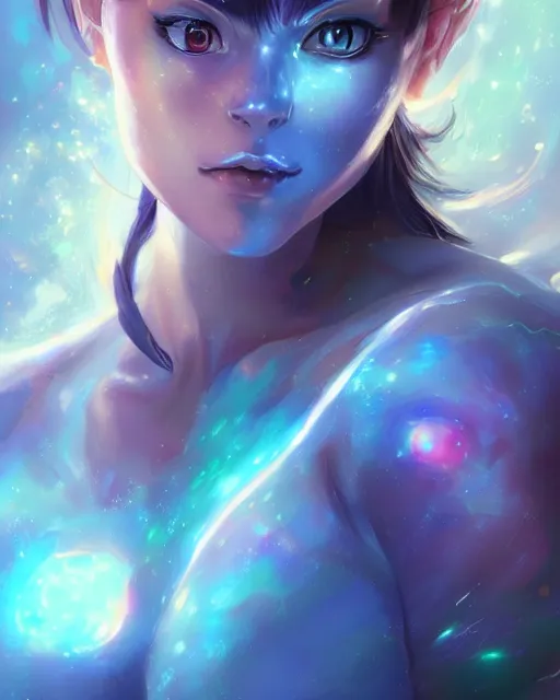 Image similar to A realistic anime portrait of a beautiful cosmic woman with glowing blue eyes and cosmic skin wearing clothes made of universes, digital painting, by Stanley Artgerm Lau, Sakimichan, WLOP and Rossdraws, digtial painting, trending on ArtStation, SFW version