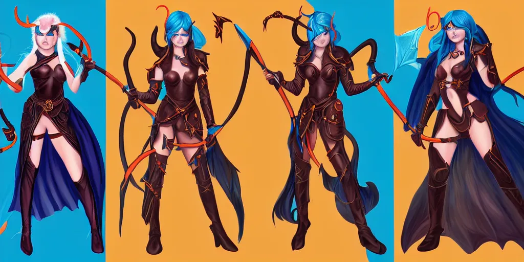 Image similar to triptych of youthful female feminine horned tiefling female bard with long bob cut blue hairstyle, her skin is orange and pale, and her eyes are pure black orbs, and she is wearing colorful leather armor by rossdraws,