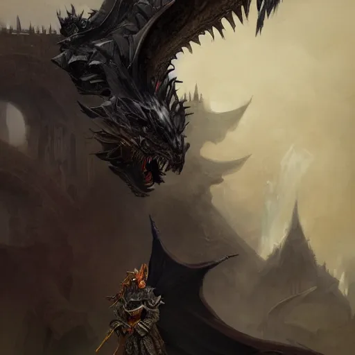 Prompt: digital art painting of and an anthropomorphic black dragon wearing armored wizard robes, dnd portrait painted by craig mullins and gaston bussiere and greg rutkowski