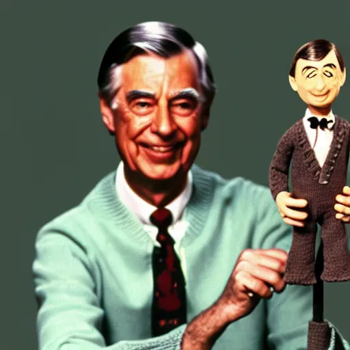 Prompt: mr. rogers proudly displaying a hand - carved mr. rogers marionette. 1 9 7 0 s photo.