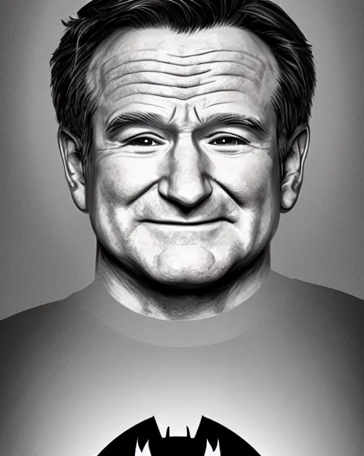 Prompt: robin williams as batman, digital illustration portrait design, detailed, gorgeous lighting, dynamic portrait