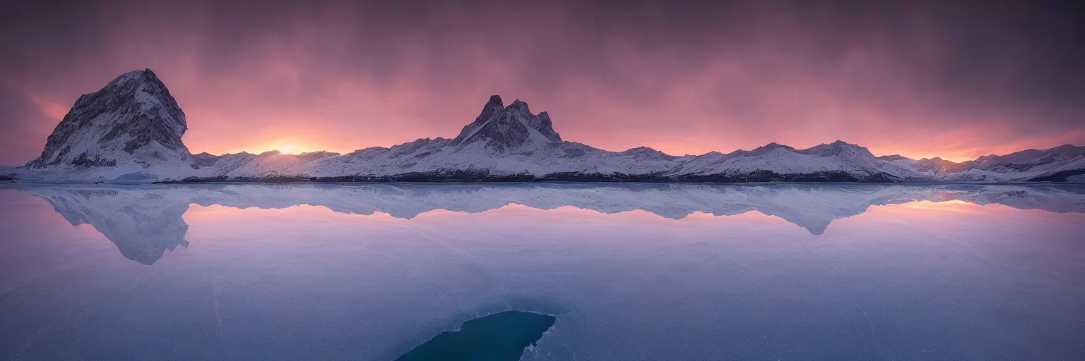 Image similar to amazing landscape photo of A (gigantic) monster trapped under the ice transparent frozen lake at sunset by marc adamus beautiful dramatic lighting