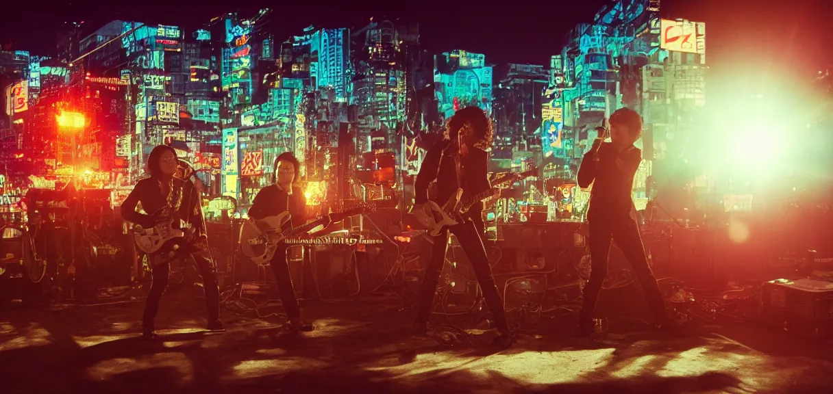 Image similar to The wide shot of disco punk rock Asian band with very long curly dark hair playing on guitars while Godzilla destructs the city, night city on the background, flying saucer in the sky, by Lubezki and David Lynch, anamorphic 35 mm lens, cinematic, anamorphic lens flares 4k