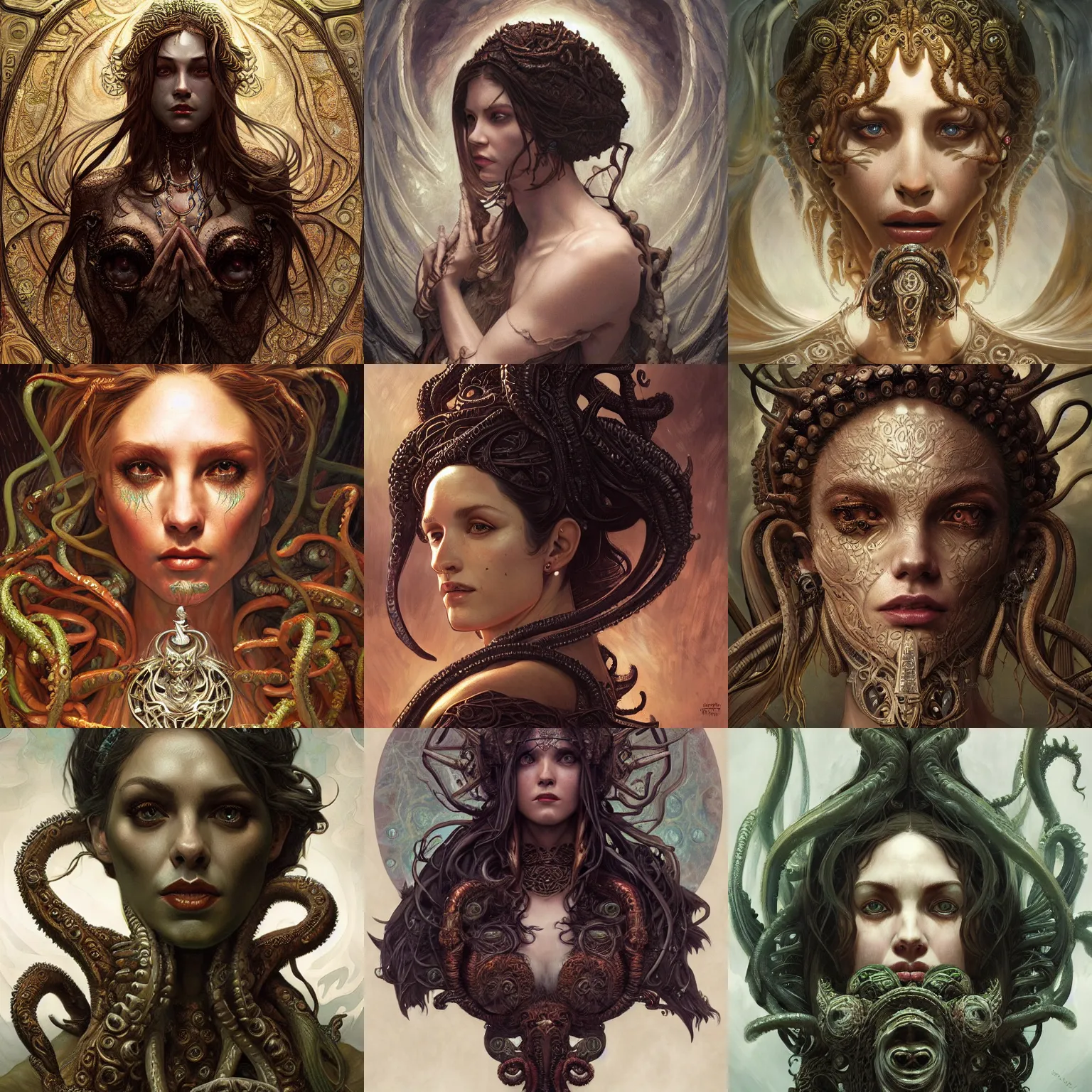 Prompt: a portrait of an ancient cthulhu goddess, D&D, fantasy, intricate, highly detailed, digital painting, artstation, concept art, smooth, sharp focus, illustration, art by caravaggio and artgerm and greg rutkowski and alphonse mucha