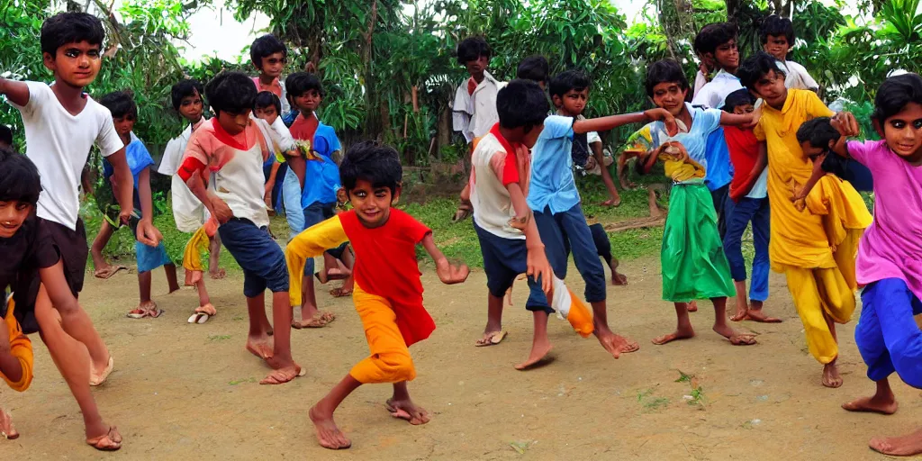 Prompt: sri lankan kids playing, drawn by hayao miyazaki