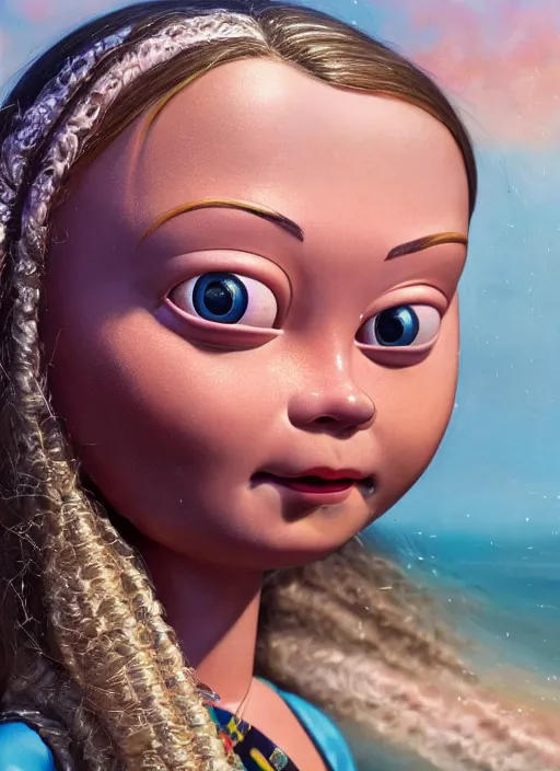 Image similar to closeup profile portrait of tin toy greta thunberg wearing a bikini, depth of field, zeiss lens, detailed, symmetrical, centered, fashion photoshoot, by nicoletta ceccoli, mark ryden, lostfish, breathtaking, 8 k resolution, extremely detailed, beautiful, establishing shot, artistic, hyperrealistic, octane render