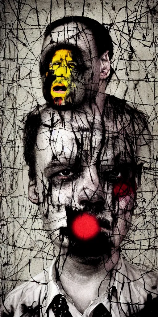 Image similar to award winning photo of mike patton mixed with hitler, vivid colors, happy, symmetrical face, beautiful eyes, studio lighting, wide shot art by roger ballen & francis bacon